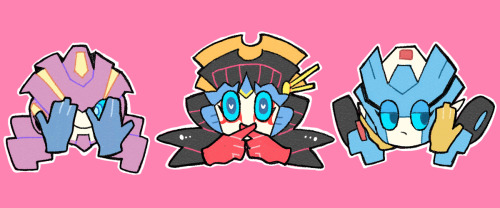 (id: a drawing of Nautica, Windblade, and Chromia, drawn in a cutesy style with just their head and 