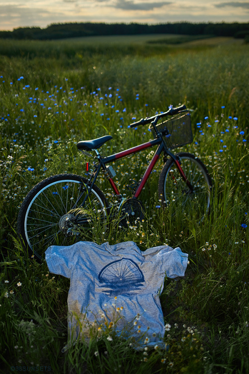 Blue Sunset Mystery tee in the wild. Late summer photos from the bike run through the fields of flow