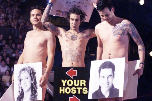 Blink-182 introduce hosts Kathy Griffin and Adam Carolla on the 1999 Billboard Music Awards in Las V