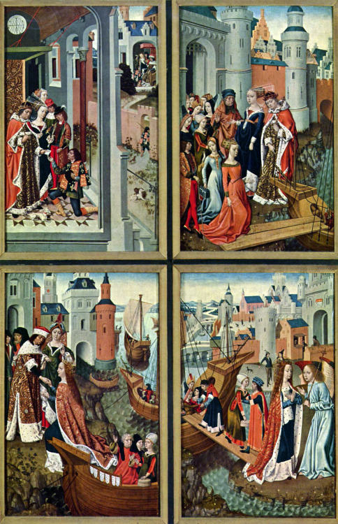 Three panels from a polyptych depicting scenes from the life of Saint Ursula painted for the convent