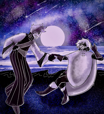 A digital drawing of monochrome Isabeau and Siffrin from the game In Stars and Time hold hands while they dance in front of a vibrant blue starry sky and meteor showers, standing on a beach with lapping blue tides.