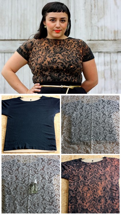 DIY Bleach Lace Shirt from Manzanita. She commented that she’d tape down the lace next time fo