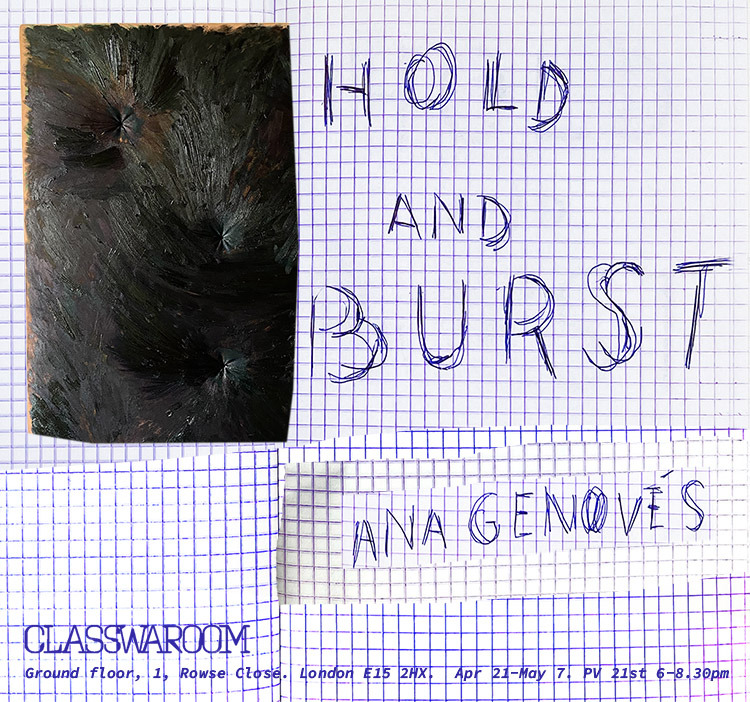 HOLD AND BURST was a solo show at Classwaroom project space, London, April 2023.
The show was accompanied by an artist’s edition publication and hand-printed t-shirts.
Scroll down for video and images of the show, publication and t-shirts, plus an...