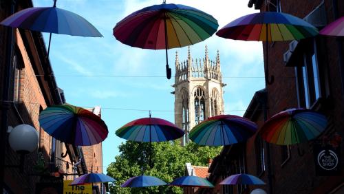 Rainbow Brolly Walk, York, England.Last year these brollies appeared as a celebration of York Pride.