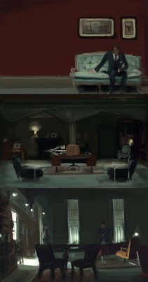 vyxinzhe:  rough studies (like real rough cos just to practice lighting  ) of Hannibal’s office from NBC’s Hannibal this show has lovely cinematography… 