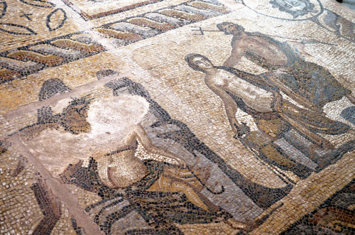 Crete, Archaeological Museum of Chania:Mosaic of Poseidon and Amymone.The central part of the “tricl