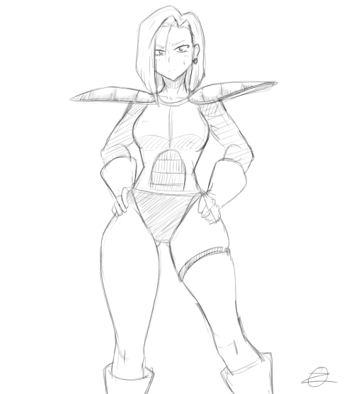 zeromomentaii:  Android 18 in Saiyan battle armor warm up sketches. Cause, why not.   < |D’‘‘‘