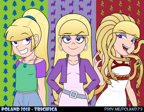 poland-73: Hello everyone, sorry for the long absence, but I’m  back.Here we have pic featuring Pacifica Northwest in her original and AU incarnations, from left to right: Reverse Falls Pacifica, Canon Pacifica, and Monster Falls Pacifica. Original