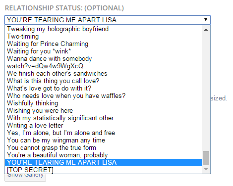 dumbass-bitch-disease:  imascoldasiceascoldasicecanbe: fano-tastic:  marshmellowtea:  high-metafive:  so i made and account on tv tropes and it asked for my relationship status i went over and was about to put in “single” or “it’s complicated”