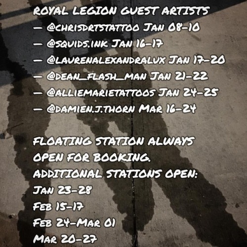 ROYAL LEGION GUEST ARTISTS! Look ‘em up. Hit ‘em up. Book ‘em up. Be a fucking hero. — @chrisdrtsta