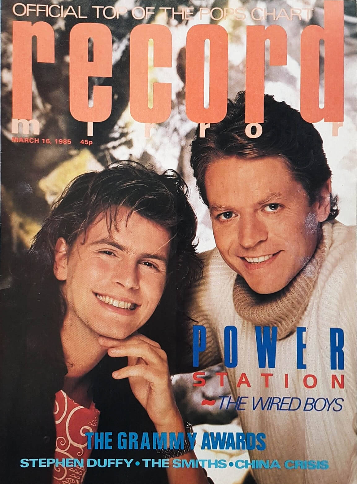 <p>John Taylor and Robert Palmer (The Power Station) on the front cover of Record Mirror magazine, March 1985.</p>