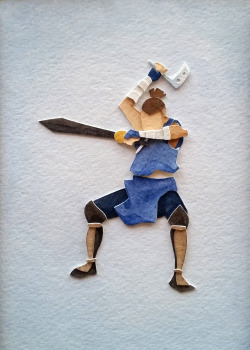 fainkitty: Sword, Fans, Knives, Chi watercolor, papercut 5″x7″ original Four Elements series 