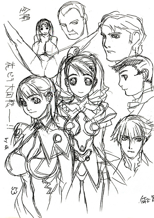 artbooksnat:  Rough sketches by Uno Makoto in a Studio Xebec doujinshi. Uno Makoto is an animator and character designer, whose character designs can be seen in Love Hina, Gravion, Stellvia, Witchblade, and the recent Qwaser of Stigmata. 