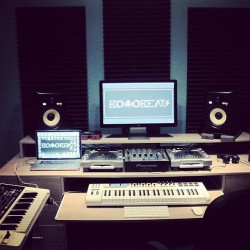 synthesizerpics:  Synthesizer Videos - Vintage Synthesizer And Contemporary Synths At Work My mini studio, my playground :D #studio #music #my #favorite #place #krk #rokit8 #roland #gaia #synthesizer #scarlett #focusrite #audio #interface #pioneer #dj