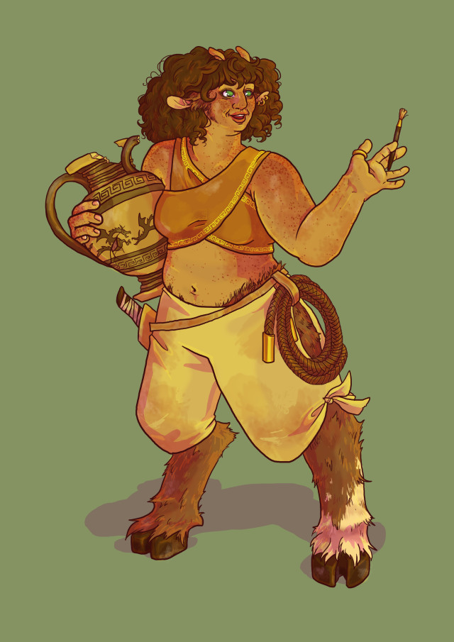 A digital illustration of a plump satyr woman holding an old cracked vase and gesturing with a brush. She is smiling as she talks and has dark curly hair and green eyes. Her skin is tanned and freckly . She has two short horns and goat-like ears with golden hoops. She wears a wrap around crop top and baggy cloth trousers. Her lower half is like a goat's. She has dust marks smudged on her clothes, face, and hands. On her hip she carries a whip and a scabard holding an old dagger.
