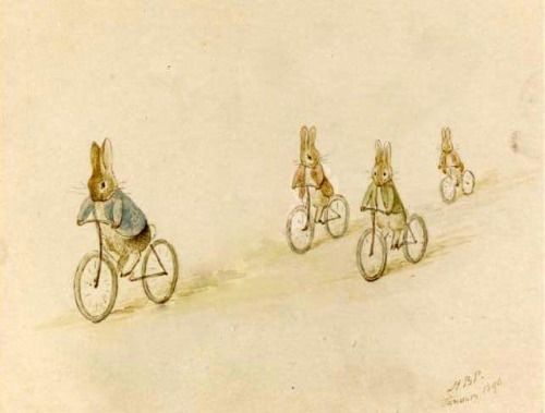 womansart:“Peter Rabbit, Benjamin Bunny and Friends on Bicycles” 1896 watercolour and ink on paper B