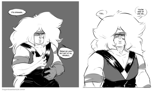 thegembeaststemple: Y’all are gonna get me to ship these two yet Guest starring tiddygem‘s Pearl/Jasper fusion, Agate! 