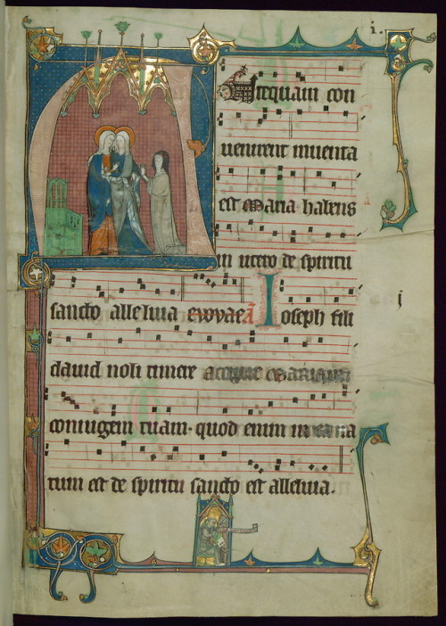 Beaupre Antiphonary, Vol. 3, Initial “A” with Visitation, Cistercian nun in prayer; marg