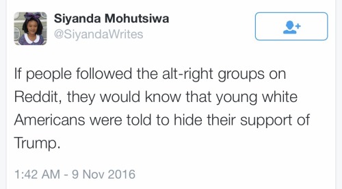 yayfeminism:Siyanda Mohutsiwa on the rise of the alt-right.