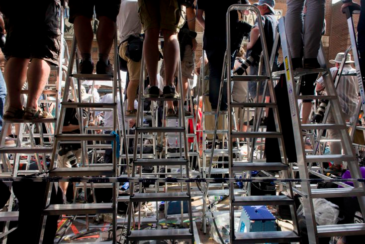 Media photographers stand on tall stepladders as tension mounts outside St Mary’s Hospital, Paddington London, where media and royalists await news of Kate, Duchess of Cambridge’s impending birth to a baby boy (Photo by Richard Baker—In...