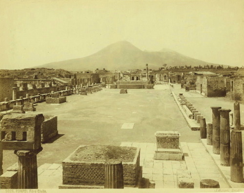 via-appia:View of the Forum in Pompeii with Vesuvius in the background, 1800s