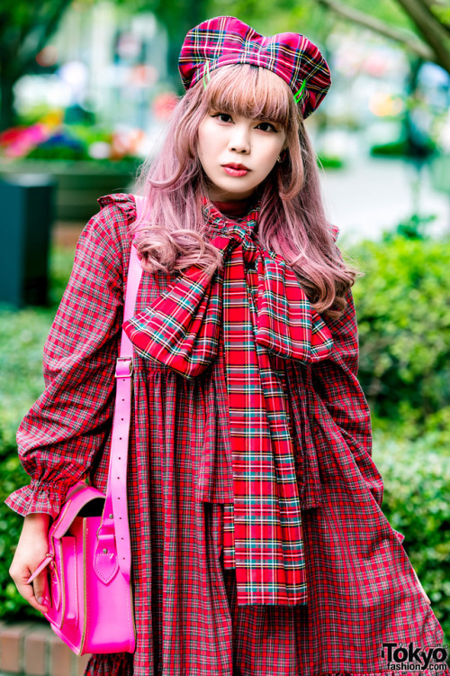 21-year-old vintage shop staffer MaiMai on the street in Tokyo wearing a red plaid style with fashio