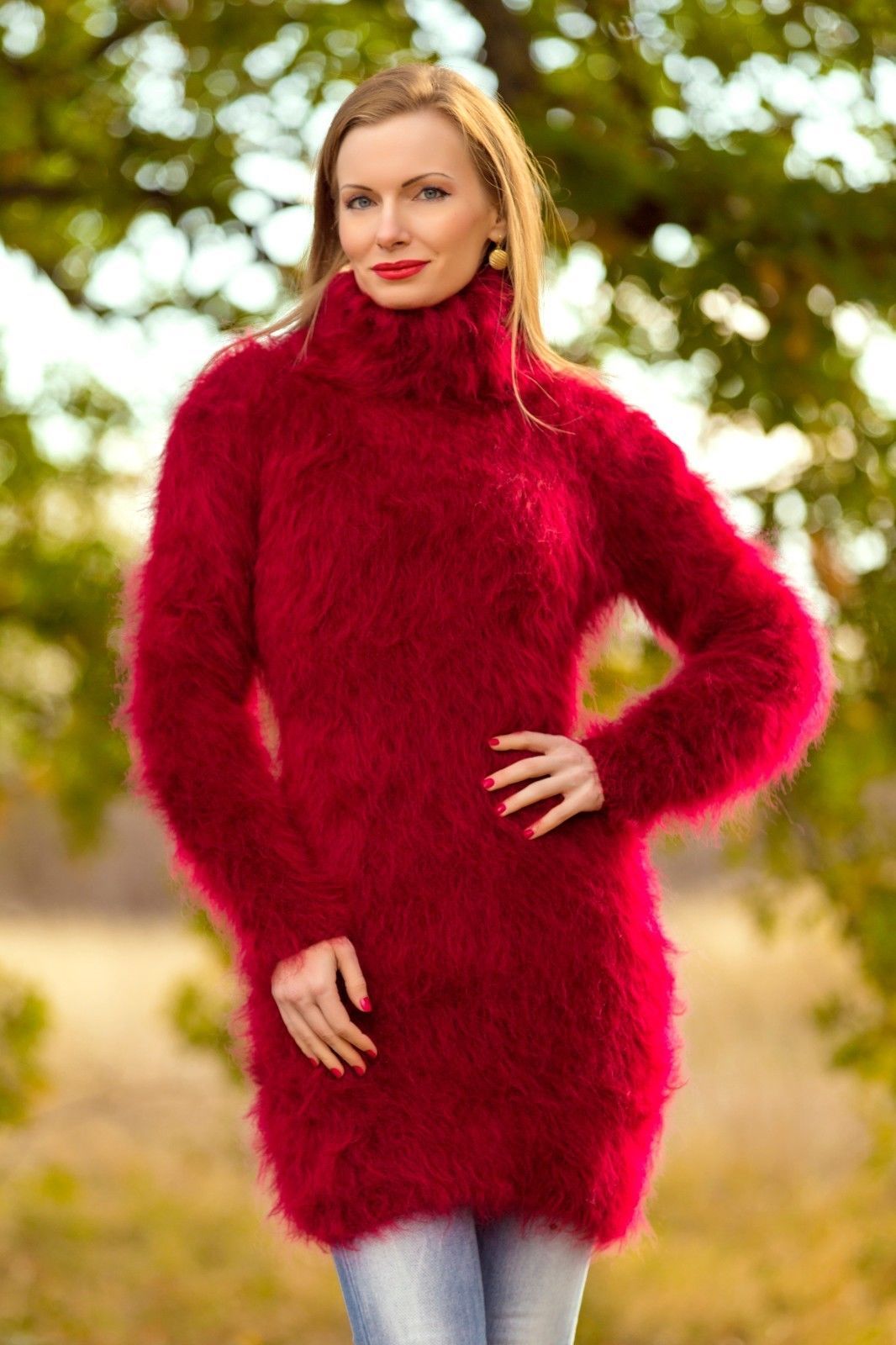 Mohair-Heaven — red-sweater-dress-fuzzy-hand-knitted-soft-mohair