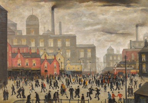 L.S. Lowry (British, 1887-1976), The Town Square, 1927. Oil on board, 16¼ x 23¼ in.