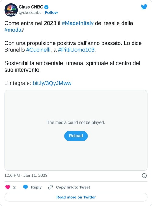 Come entra nel 2023 il #MadeInItaly del tessile della #moda?  Con una propulsione positiva dall’anno passato. Lo dice Brunello #Cucinelli, a #PittiUomo103.  Sostenibilità ambientale, umana, spirituale al centro del suo intervento.  L’integrale: https://t.co/KFwxNNNCS9 pic.twitter.com/QlmI8c91zG  — Class CNBC (@classcnbc) January 11, 2023