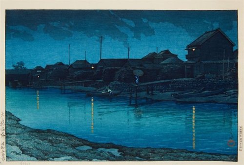 Kawase Hasui(川瀬巴水), Omori kaigan. Night view of houses at the coast, 1930Publisher: Watanabe Shosabu