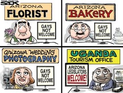 cartoonpolitics:  Bigots have been busy. In the USA , Arizona’s Legislature passed a bill granting businesses the right to cite religious belief as a justification for refusing to serve gays (story here) while Uganda recently passed a law allowing life