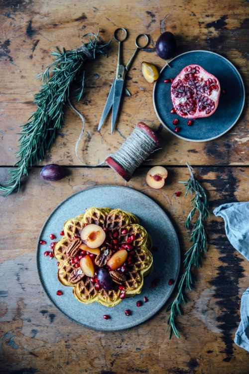sweetoothgirl:  Gluteen Free Pumpkin Waffles w/ Plum, Rosemary Compote and Coconut Yogurt  