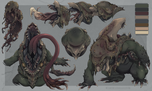 A creature design sheet. The creature is a massive, toad-like being with a mantle of what appears to be its own rotting flesh. It has two bone-armored faces - one on its front, and another on its back where the mandible sits upside down and is mounted like a turtle's shell. The front face is mostly obscured, and one of the images on the sheet shows the mouth opening to extend a tongue that is shaped like a humanoid male with long golden hair. The back face is shown to open into a large maw full of teeth, with a massive tongue tipped in a hand-like grasping set of claws.