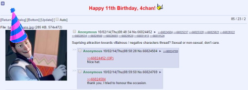 Hans celebrates 4chan’s 11th birthday and gets a free party hat for his party spirit. Is beautiful.