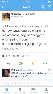 hominishostilis:  hahahahahaha I love you C. H. Sommers.   lol   It probably would have worked better if you’d explained how the wage gap is misrepresented at first, you know, how its nothing to do with sexism in the least?  Then probably no jeers.