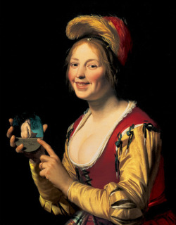 Flemishgarden:gerard Van Honthorst - Smiling Girl, A Courtesan, Holding An Obscene