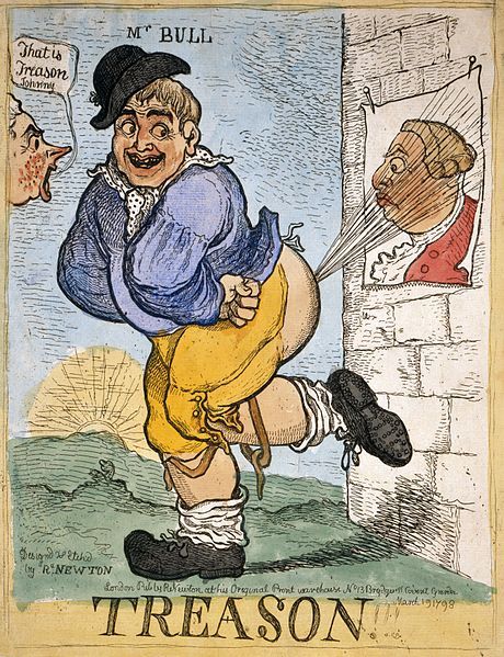 A British political cartoon depicting John Bull emitting an explosive bout of flatulence at a poster