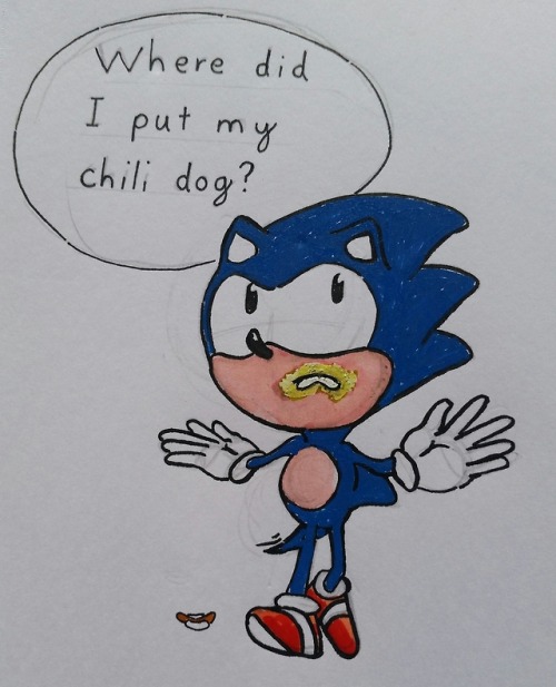 Sanic is looking for his chili dog! Messed up the colors with this one so had to tippex around the m