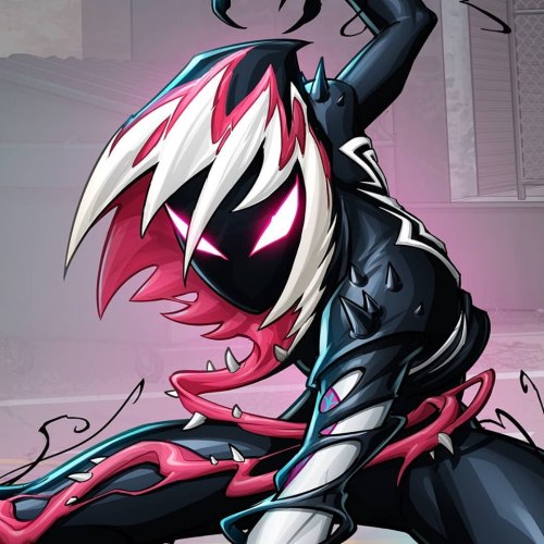 The designs of Venomized Miles Morales, Spider-Girl, and Ghost-Spider.On the left are Shaun O’ Neil’