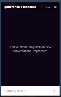 choose-your-muse:  glitterbrick:  conversation limit  The limit at the moment is STARTING 50 convos a day, but you can talk with all of them all you like after that. Not sure if that will go away once everyone has something. 