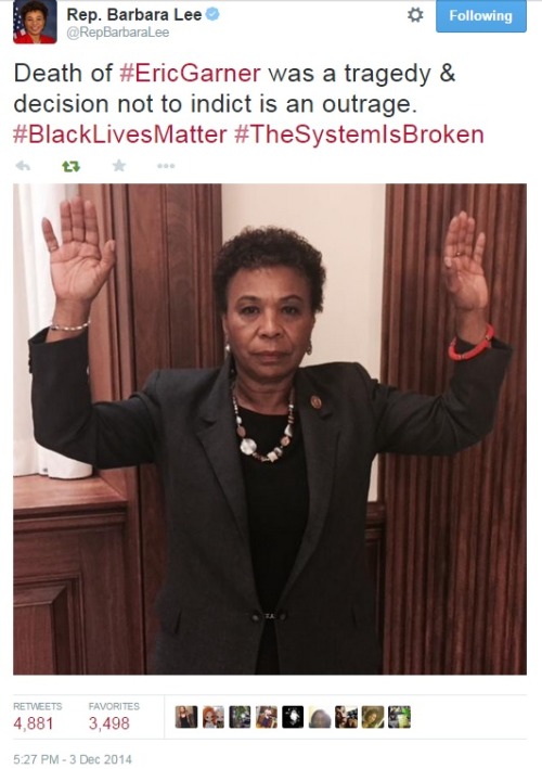iwriteaboutfeminism:U.S. Congresswoman Barbara Lee of California, in a sign of solidarity with Eric 