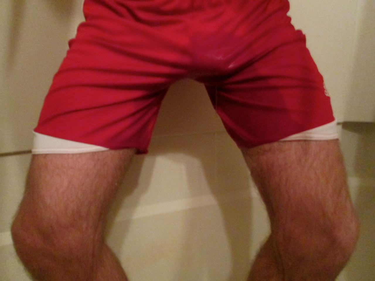 wetgayathlete:  pissed my red shorts and jockey underwear. 