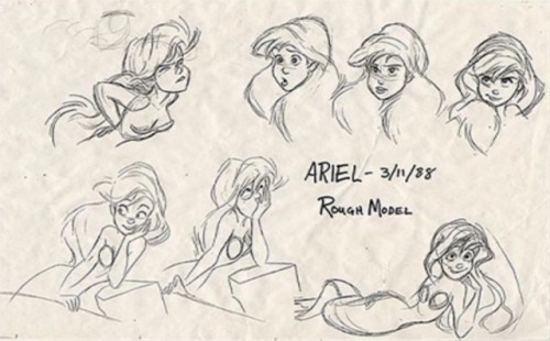 (Rough) model sheets for Ariel from Disney’s The Little Mermaid (1989), which ushered in the Disney 