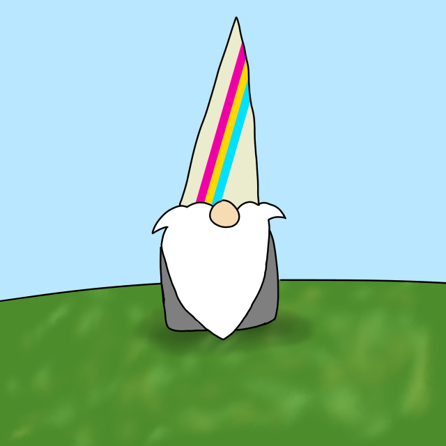 A digitally drawn gnome with a pride flag on its hat. The gnome has a long white beard. It sits on a grassy bed with a blue sky behind him