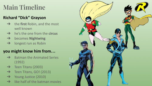 this screenshot has text on the left and images on the right. at the top is written "Main Timeline" with "Richard "Dick" Grayson" directly underneath. his bullet list includes "> the first Robin, and the most well known > he's the one from the circus > becomes Nightwing > longest run as Robin" the next list is titled "you might known him from" with "> Batman the Animated Series (1992) > Teen Titans (2003) > Teen Titans, GO! (2013) > Young Justice (2010) > like half of the batman movies" listed. there are four pictures and a robin logo on the top right. the two images on the top are Dick as Robin, the top left from the comics and the top right from Teen Titans (2003). the two images on the bottom are Dick as Nightwing, both from the comics. the one on the left is the classic Nightwing with blue finger stripes and the one on the right is the iconic discowing.