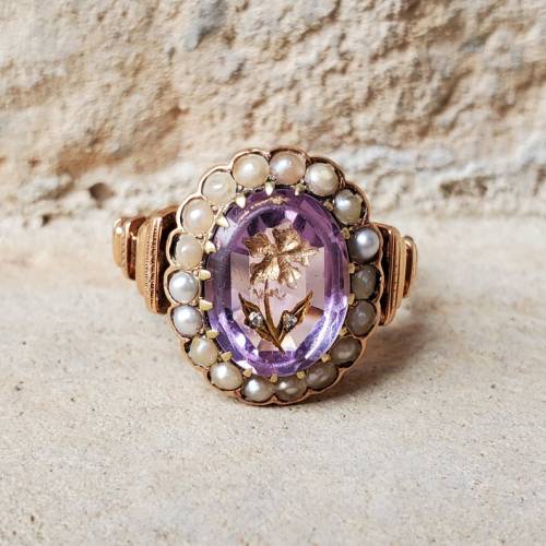 allaboutrings:Antique Victorian 15k Rose Gold Rose of Sharon Amethyst Ring
