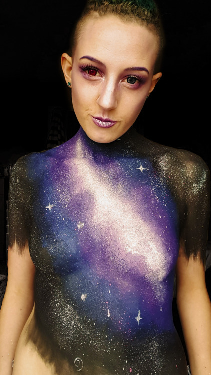 ominouswalrus:    Galaxy Body Paint  I assure you all the appropriate parts are covered by more than just my paint, just as a professional body painter would cover their model.    I’m really happy with how this turned out :) 