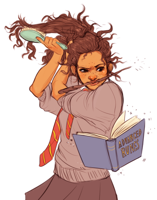 batcii:Anonymous said: u should totally draw some poc!hermione bein cute man. like readin in her books or tryin 2 tame her wild hair or having to put up with ron and harry.  hermione bein cute and multitasking while she gets dressed or s/t woo