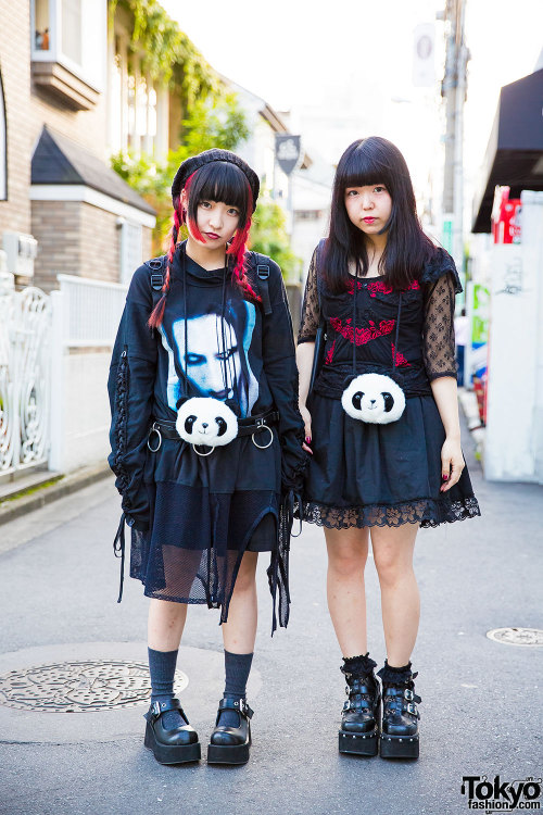 Japanese students Maoko and Zunyan on the street in Harajuku with matching panda pouches. Maoko is w