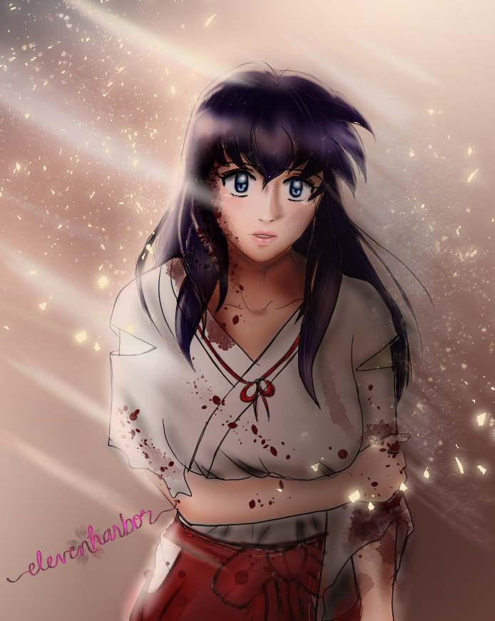 Kagome post-battle. She has seen better days. But she’s still standing strong, because she is a BAMF.   (meant to post 